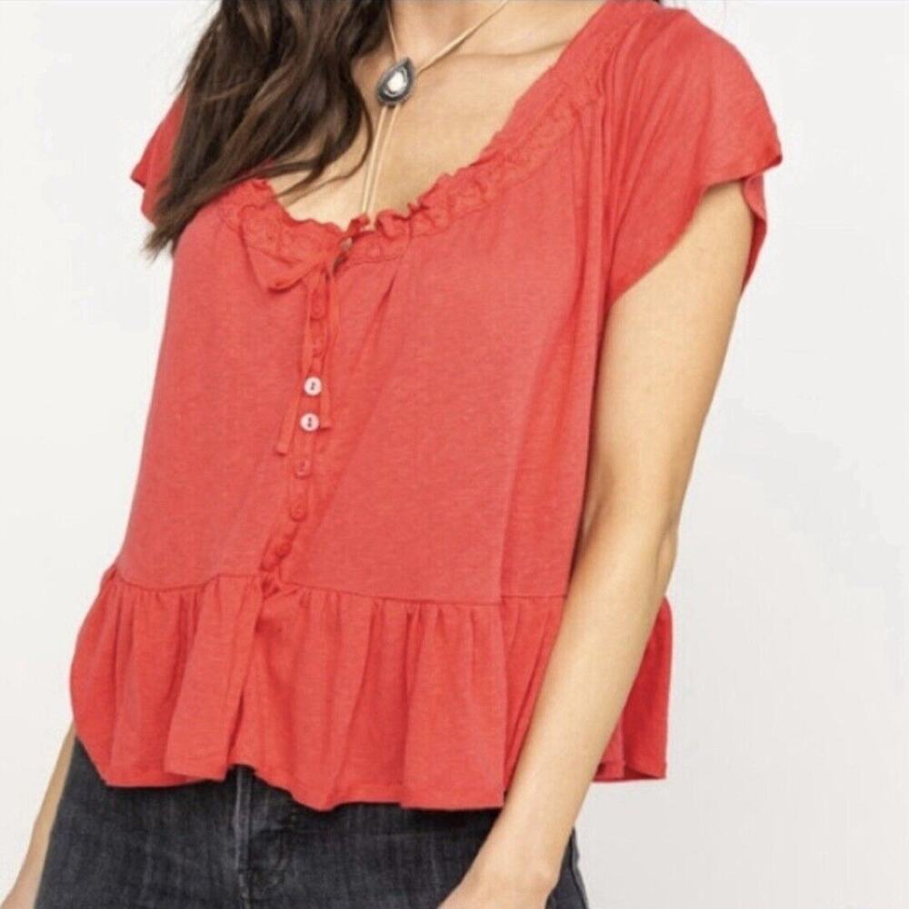 Free‎ People Charlie Tee Size XS Women Oversized Short Sleeve Flounce Ruffle Red